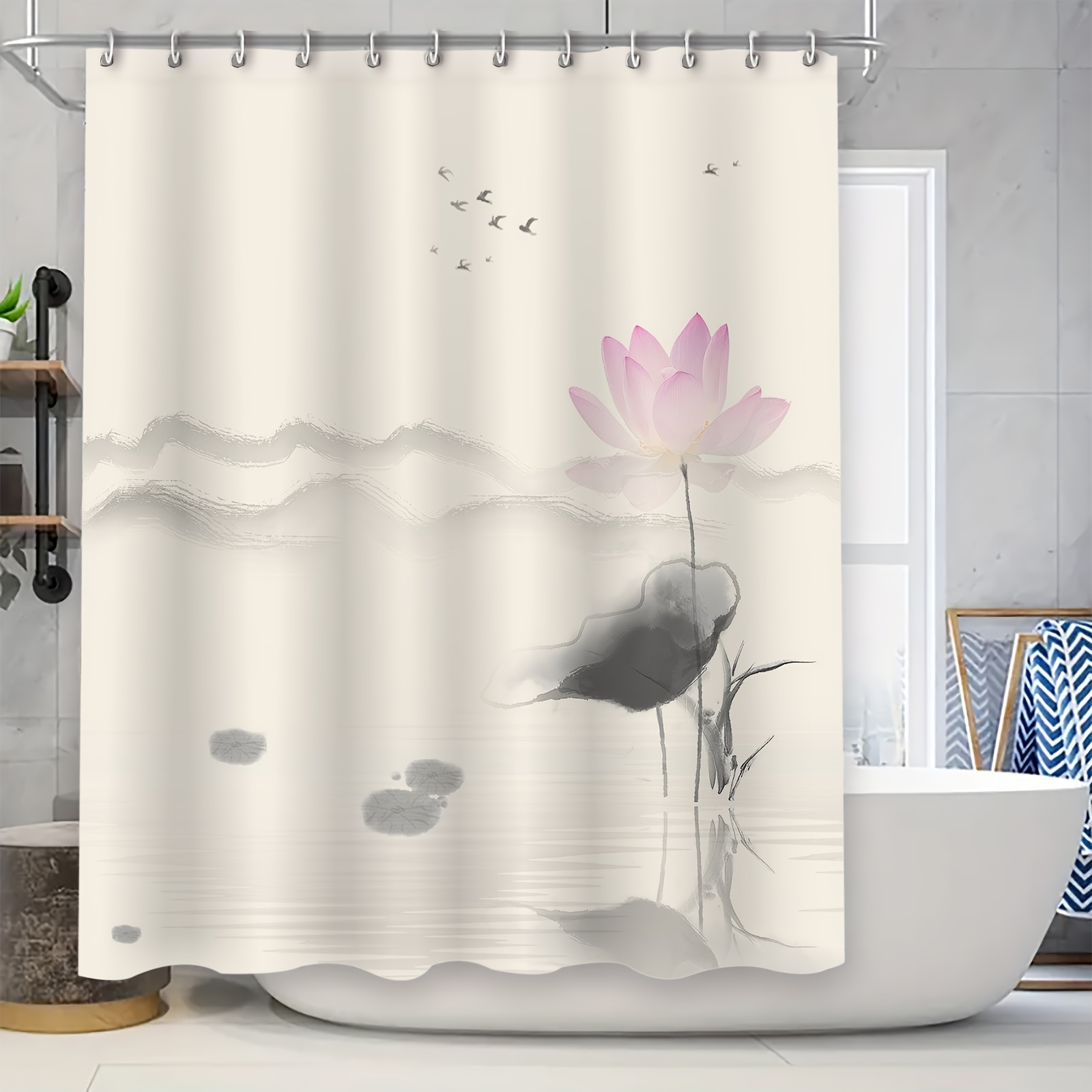 

Waterproof Shower Curtain Set With 12 Eyelet Rings, Ink Lotus Flower Pattern, Fashion Bathroom Divider, Mildew Resistant Polyester Bath Curtain, Home Decor For Bathtub, 70.8" X 70.8