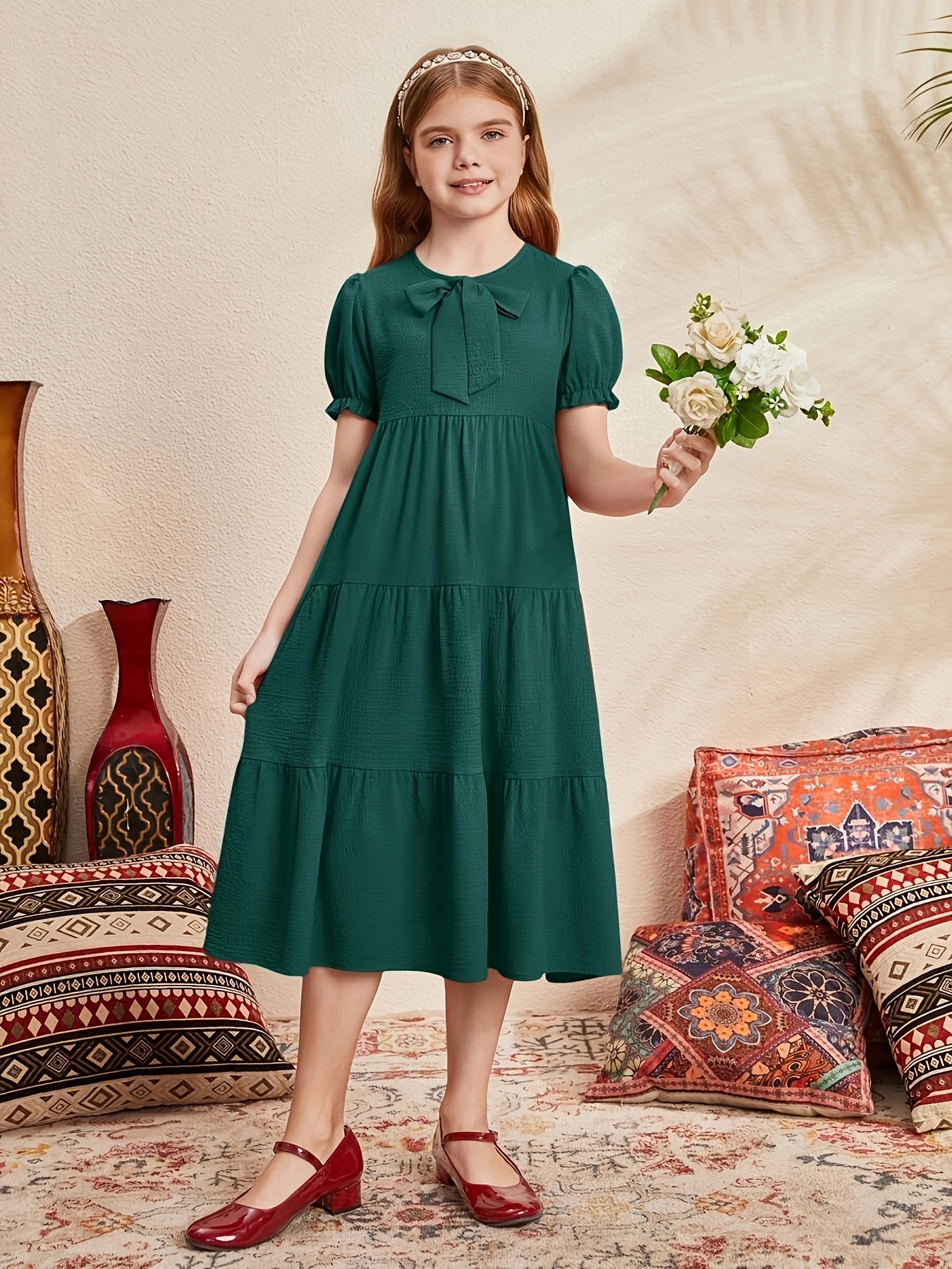 Frock Girls Short Midi Hem Midi Dress Girls Bow Detail Temu United