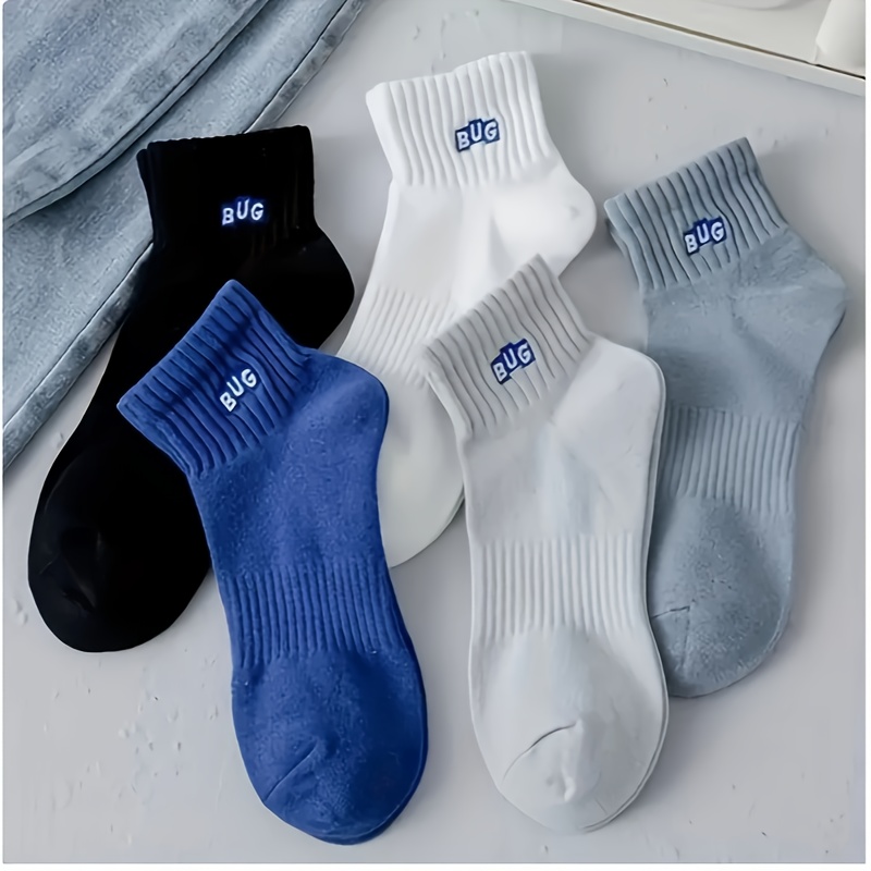 TEMU 5 Pairs Of Men's Bug Letter Embroidered Crew Socks, Comfortable Breathable Casual Soft And Elastic Short Socks, Suitable For