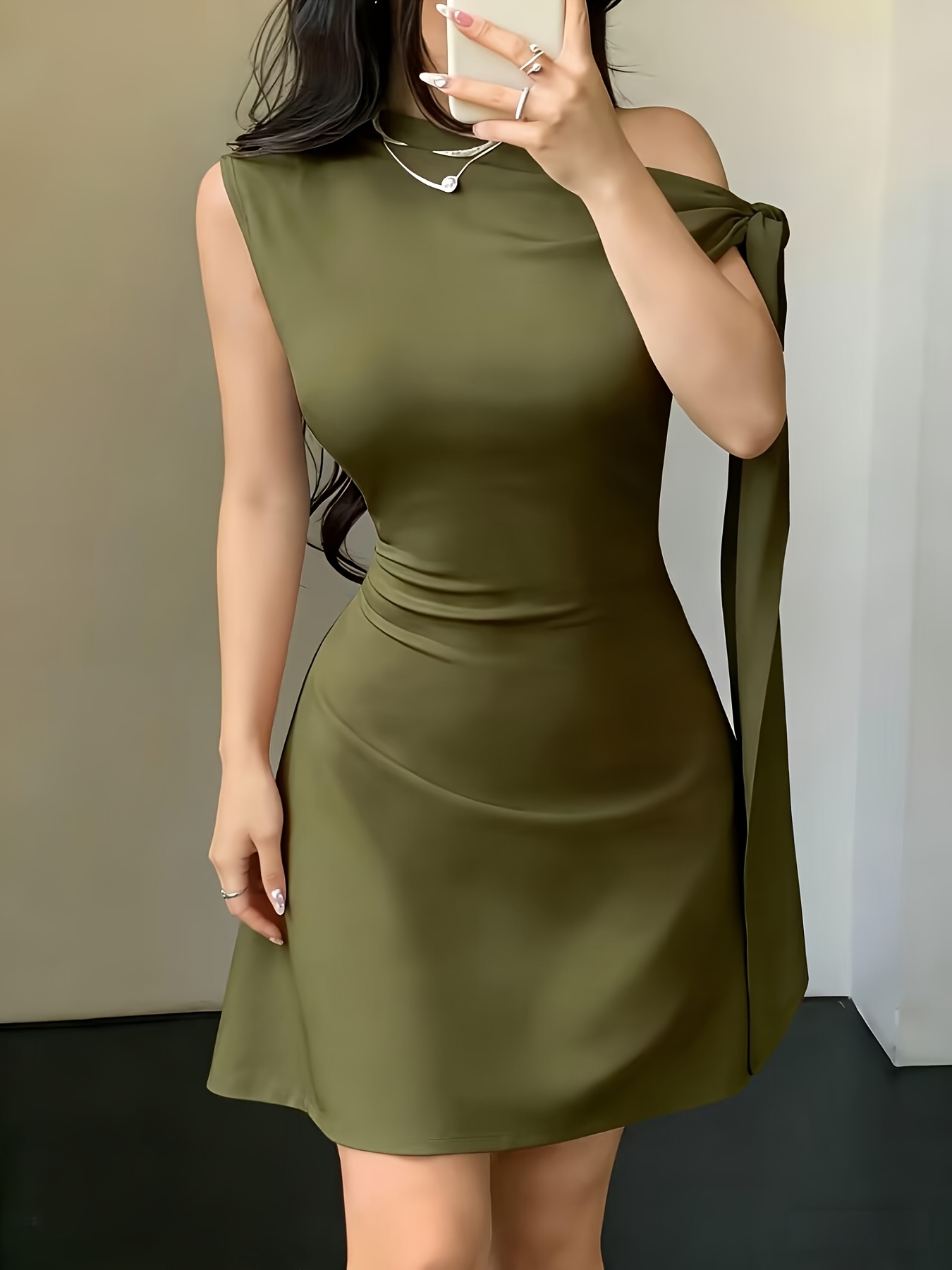 green shoulder tie dress Linka Off-Shoulder Tie Back Midi Dress Forest Green