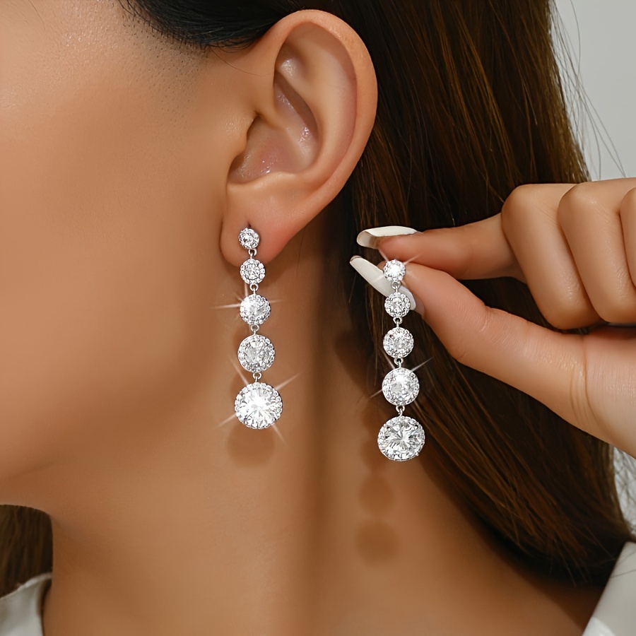 

1 Pair Of Pendant Earrings, Simple And Luxurious Round Long Pendant, Zirconia Copper, Suitable For Daily Appointments, Banquets, Weddings