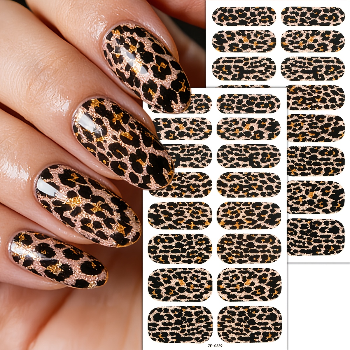 Image of 2 Sheet Nail Strips, Spring&summer, Black Nail Full Wraps, Glitter Leopard Design, Self-adhesive Nail Stickers, For Women And, Nail Art Diy, Fantasy Theme, Shimmery Finish, Single Use, , Nail Charms