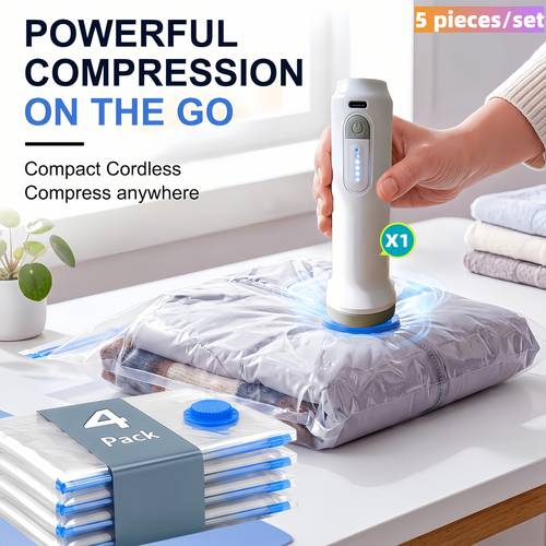 item picture 5pcs set sizes vacuum storage bags usb electric air pump with charging cable 1500mah long lasting battery portable and extremely convenient high quality vacuum compression bags for storing clothes and seasonal bedding