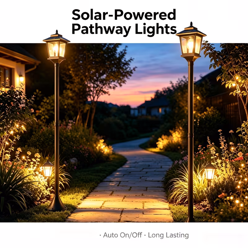 2-Pack Solar Lamp Post Lights - IP44 Waterproof Dusk-to-Dawn Outdoor Pathway Lighting, Warm White