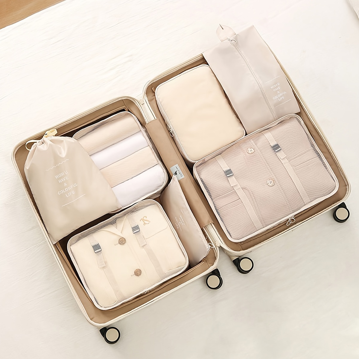 7pcs beige polyester packing cubes set unfinished travel organizer with clothing storage bags independent essentials luggage organizer details 2