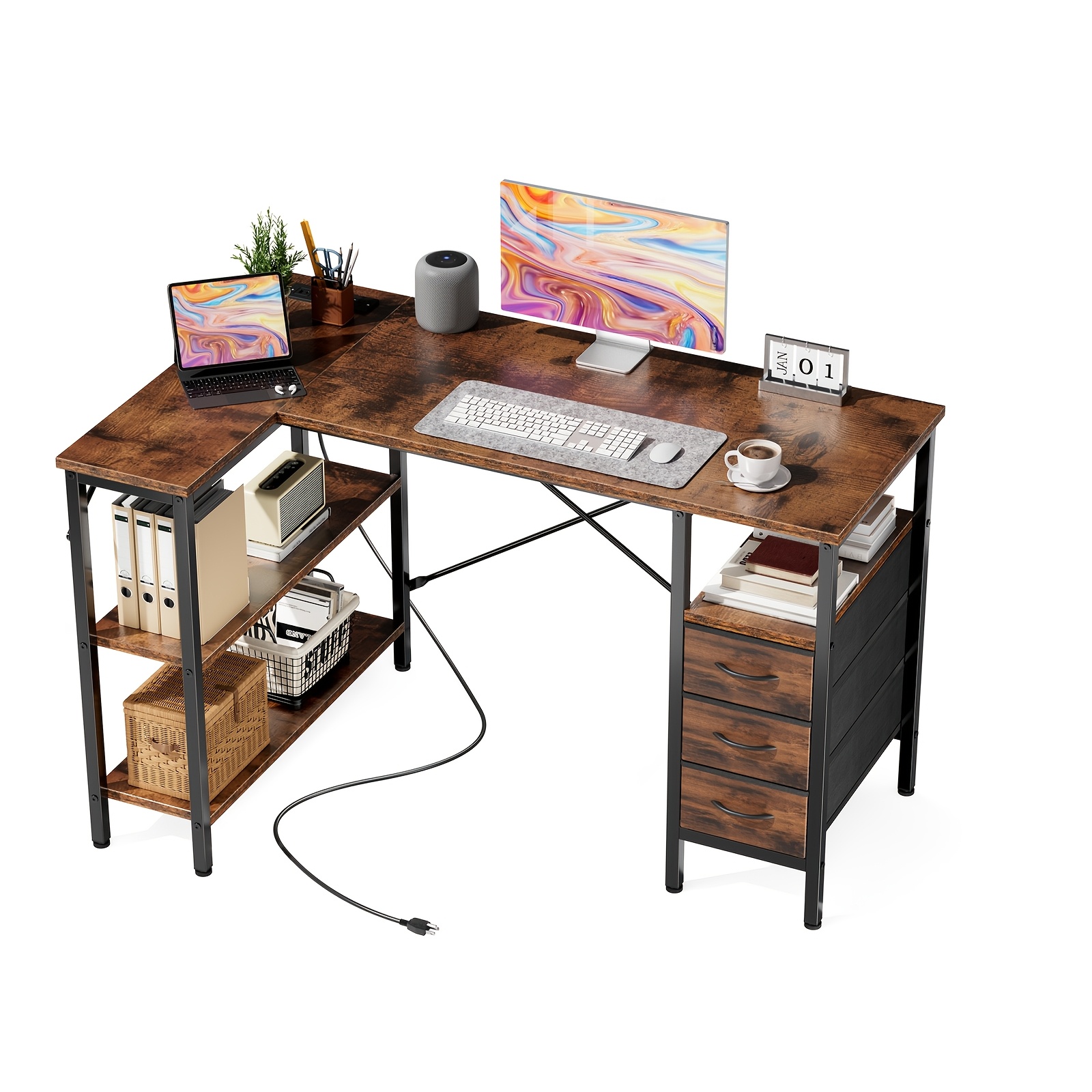 TEMU 47/55 Inch L-shaped Gaming Desk With 3 Drawers, Power Outlets, Usb Ports, And Monitor Stand, Corner Gaming Desk For Home Office
