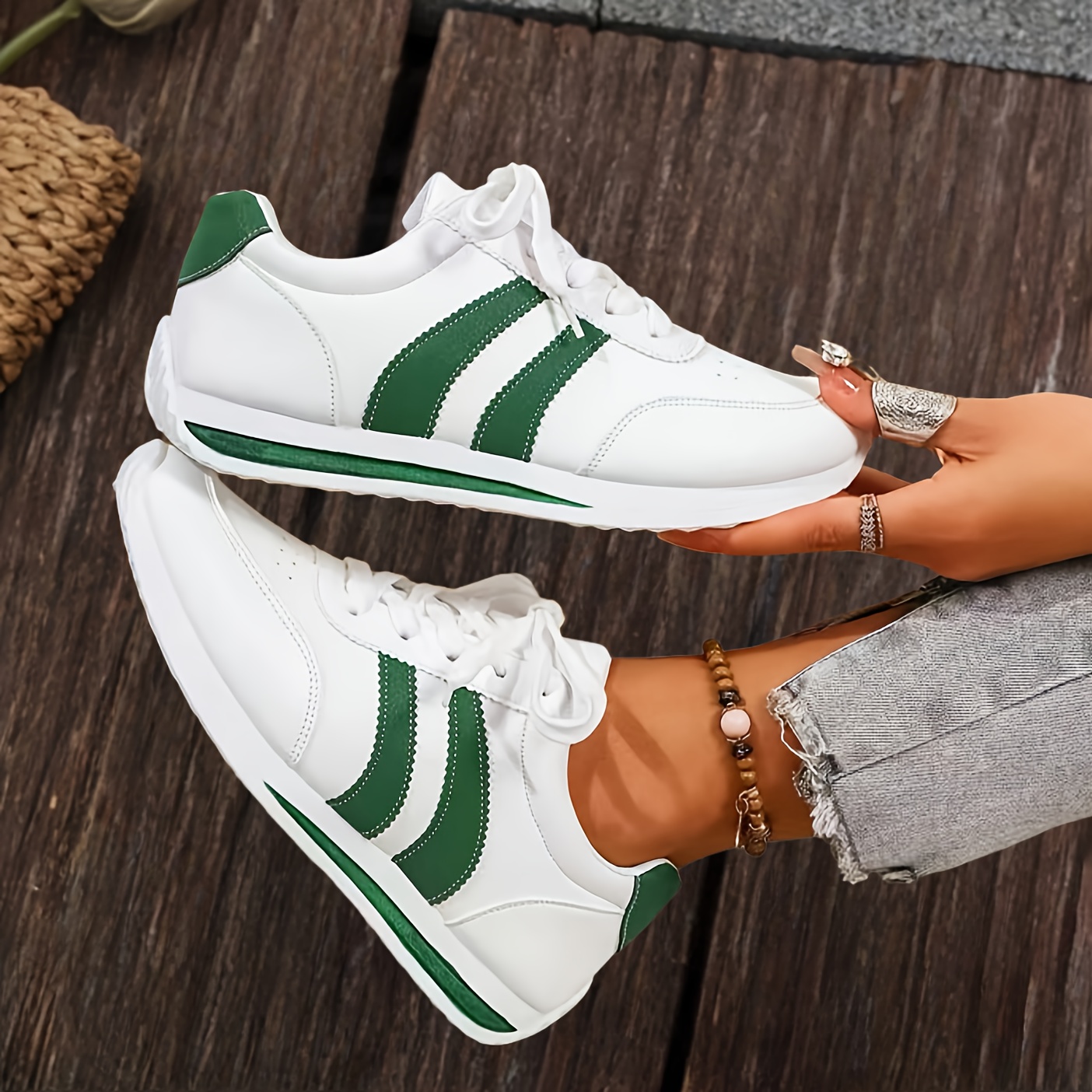 Women'S Casual Sneakers, Lightweight White Synthetic Upper with Navy Blue/Green Stripe Accents, EVA Sole Lace-Up Low-Top Design, All-Season Wear, for Daily Use, Outdoor Sports, Parties, Fitness, Beach Activities, Vacations & Holiday Gifts