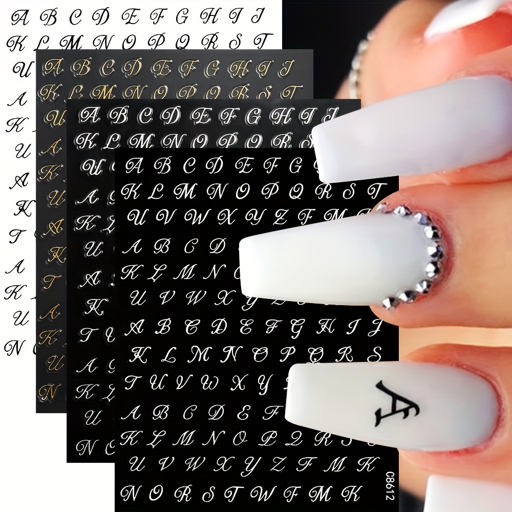 Image of 4sheets/set Roman Letter Nail Art Stickers Gothic Golden Silvery Black White Old Alphabet Nail Art Decals Self Adhesive English Letter Words Nail Art Stickers Sliders Diy Manicure Decorations