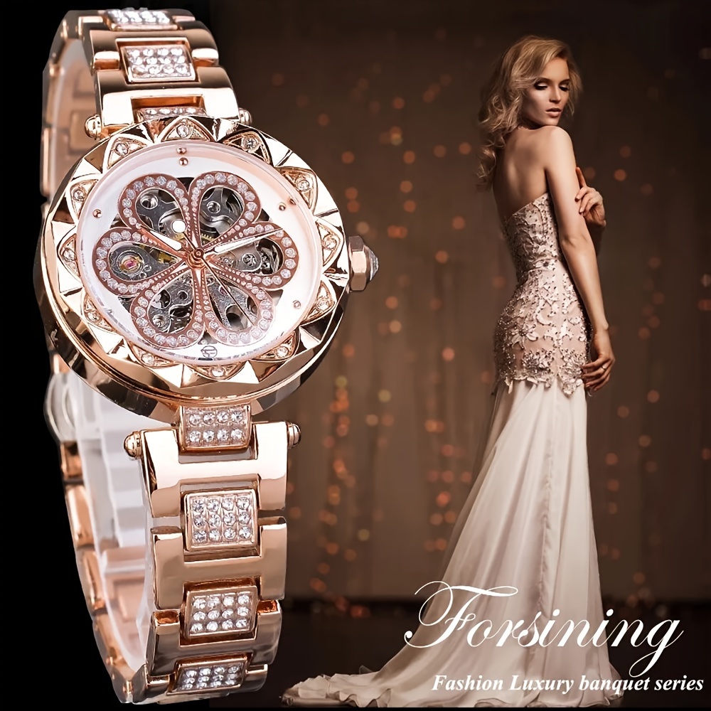   reloj mecánico de lujo para mujer con flor de diamantes de  , esqueleto retro, moda analógica, wr de acero inoxidable, reloj de pulsera 5