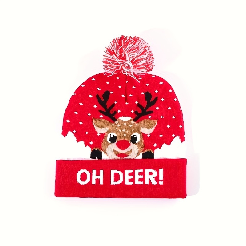 

Christmas Reindeer Knit Beanie With Pom - Cozy & Hat, , Cartoon Santa Design For Holiday