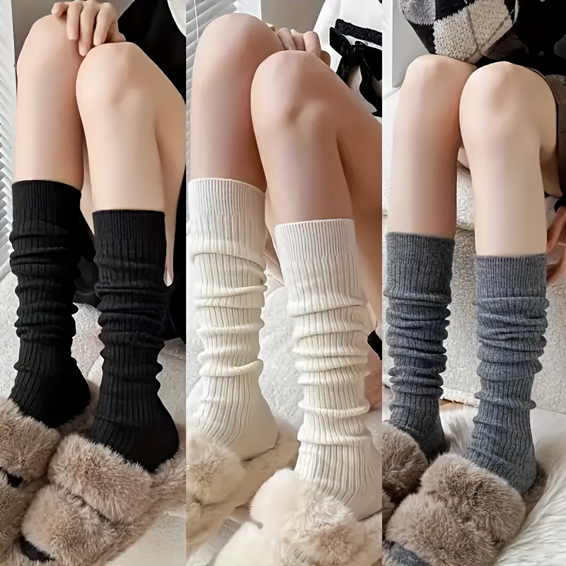 

3pcs Women' Color Knit Calf Socks - Simple Knee-high Socks, Polyester And Spandex , Ribbed Texture, Ideal For Fall And Winter