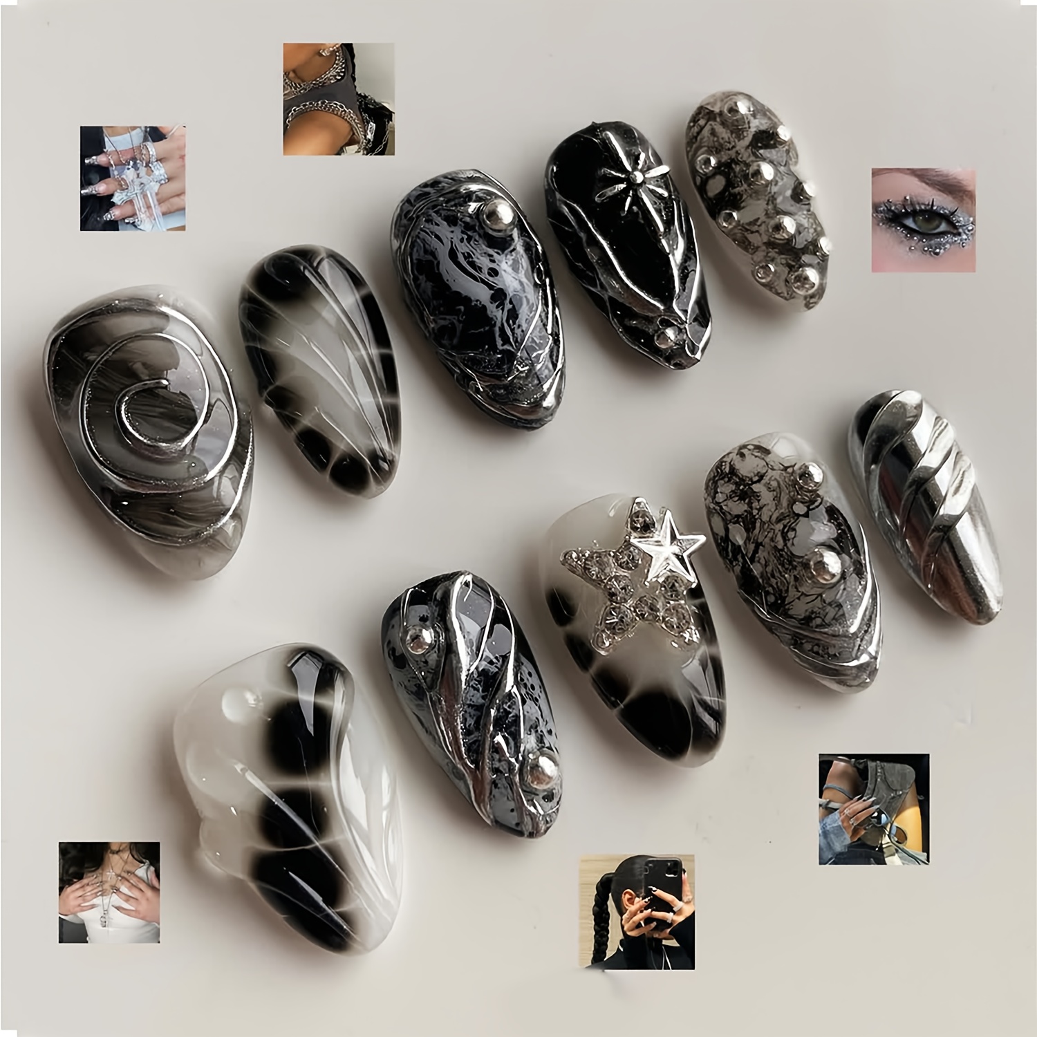 E-shop Handgefertigte XS S M Gothic Press-on-Nägel, mittelgroß, Mandelform, Schwarz, 3D-Stern, Strasssteine, falsche Nägel, edgy silberne