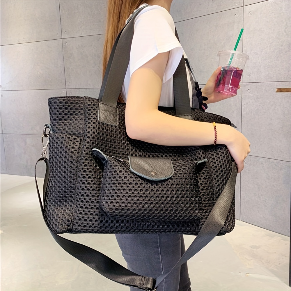 

Y2k Style Large Capacity Nylon Sports Duffel - Women's Vintage Mesh Tote Bag For Commuting With Shoulder Strap And Handle