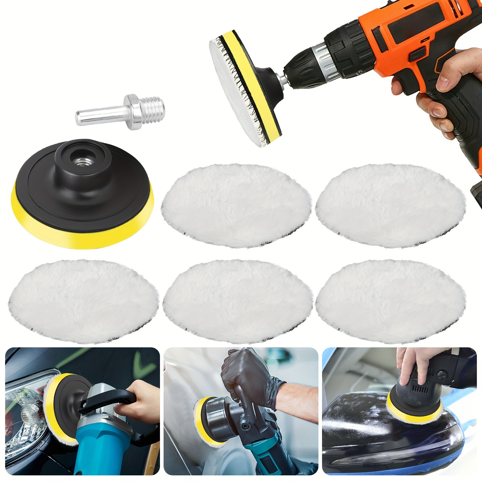 TEMU 4 Inch Wool Polishing Pads Kits With M10 Drill Adapter For Car Polishing, Waxing, Buffing Wheel For Drill Buffer Attachment