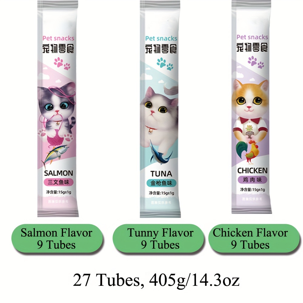 TEMU Cat Treats, Lickable, Creamy Puree Cat Treat, 0.5 Ounces Each Tube, Tuna, Salmon & Chicken Flavor.