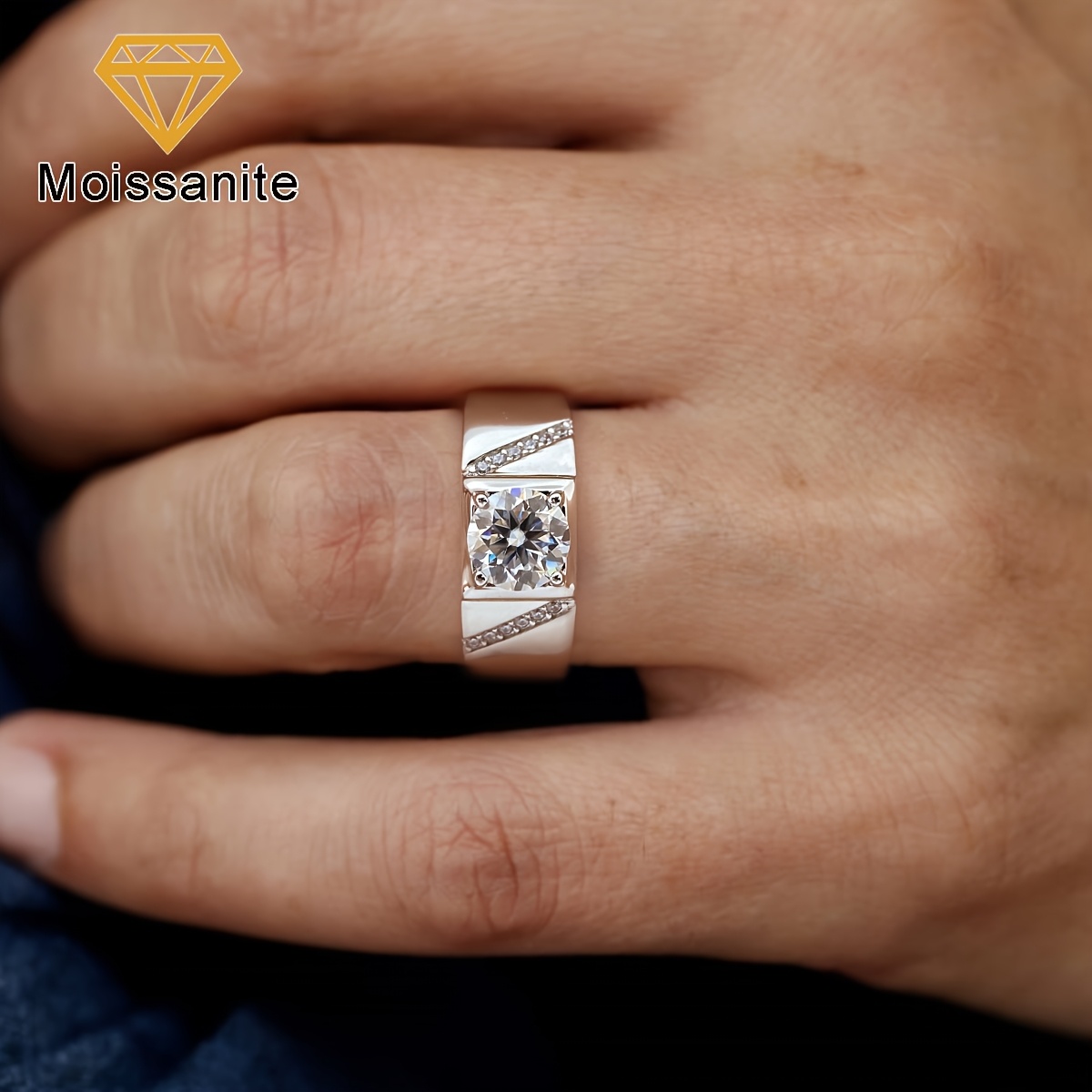 Men's 1ct Moissanite Luxury Engagement Ring, White-Golden Plated