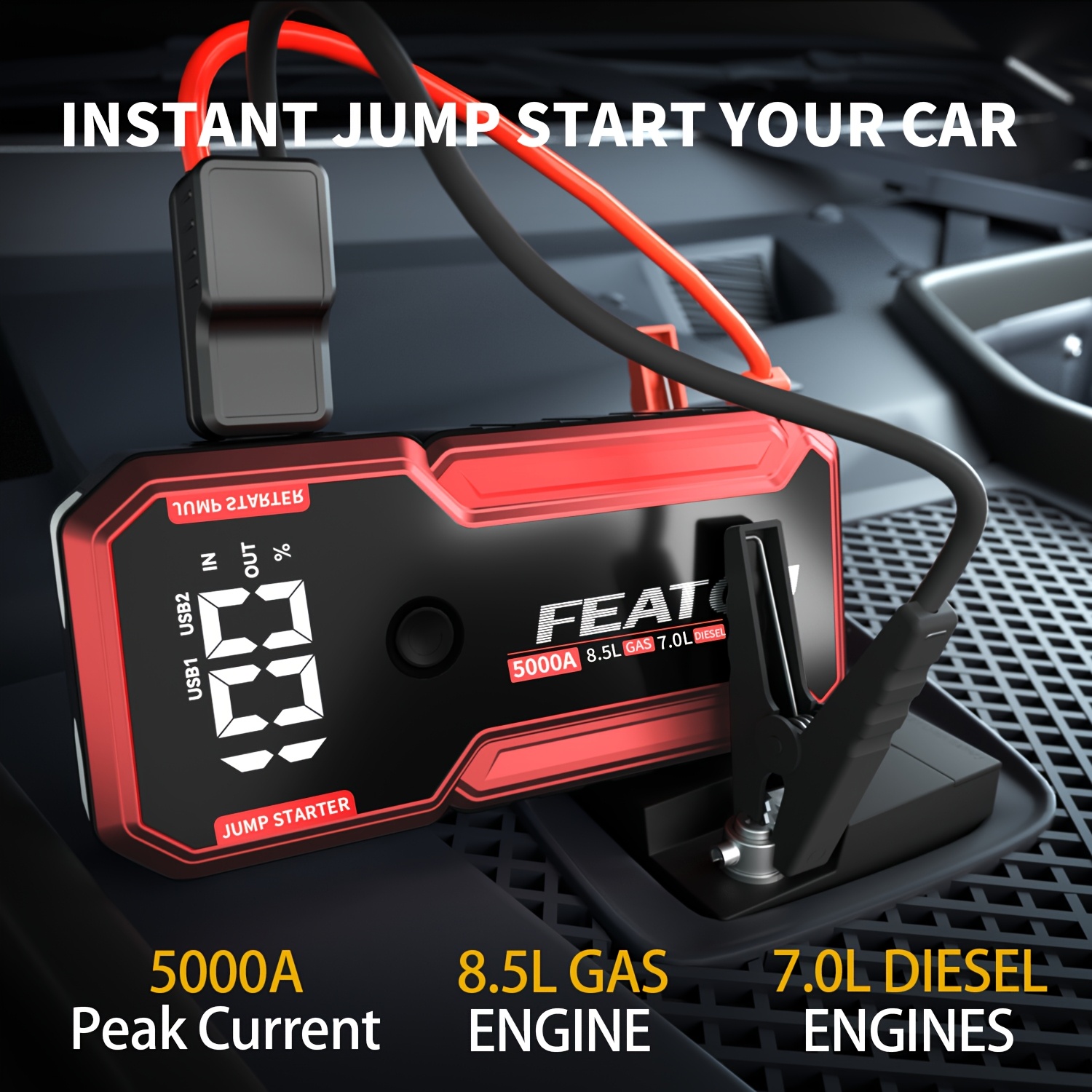   portable car starter 5000a   battery jump starter car battery jump box car battery charger 12v portable car starter suitable for 8 5l gasoline and 7 0l   cars with usb   bank function and led flashlight Product details 4