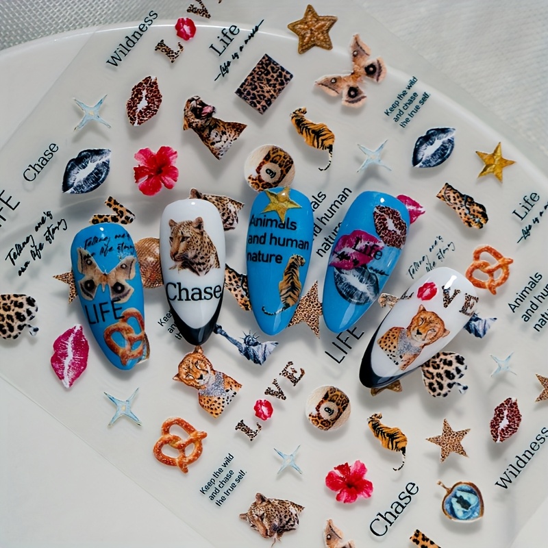 A Set Of -themed Nail Stickers Featuring Embossed Laser Technology, Retro Style, With Leopard Print Patterns, Leopard Head Designs, Red Lips, Elements, Suitable For Personal And Nail Salons