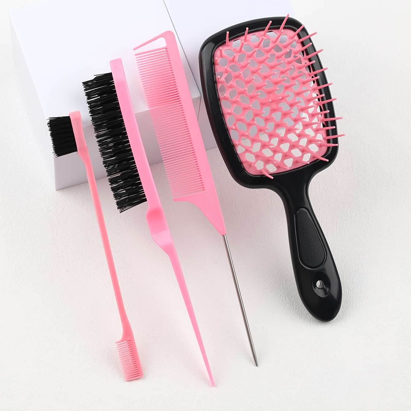 

4pcs Hairdressing Brush Set: Scalp Massage Comb, Comb, Double-sided Eyebrow Brush, Pink Nylon - Professional Styling Tools For Barber & Salon Use