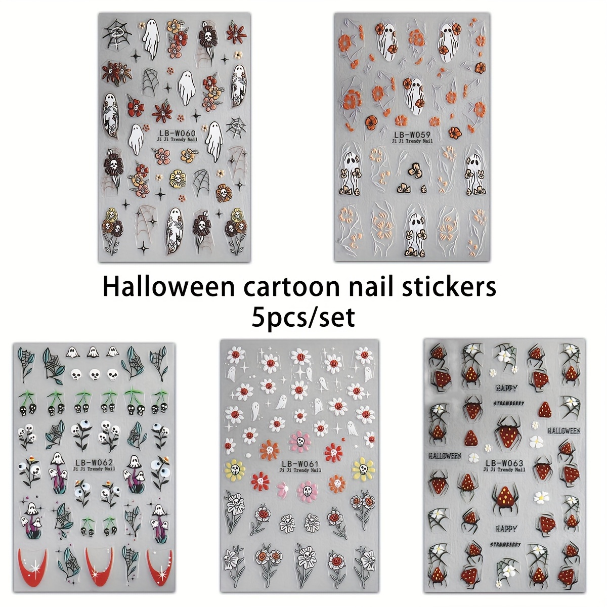 Image of Pack Of 5 3d Halloween Cartoon Flower Nail Stickers