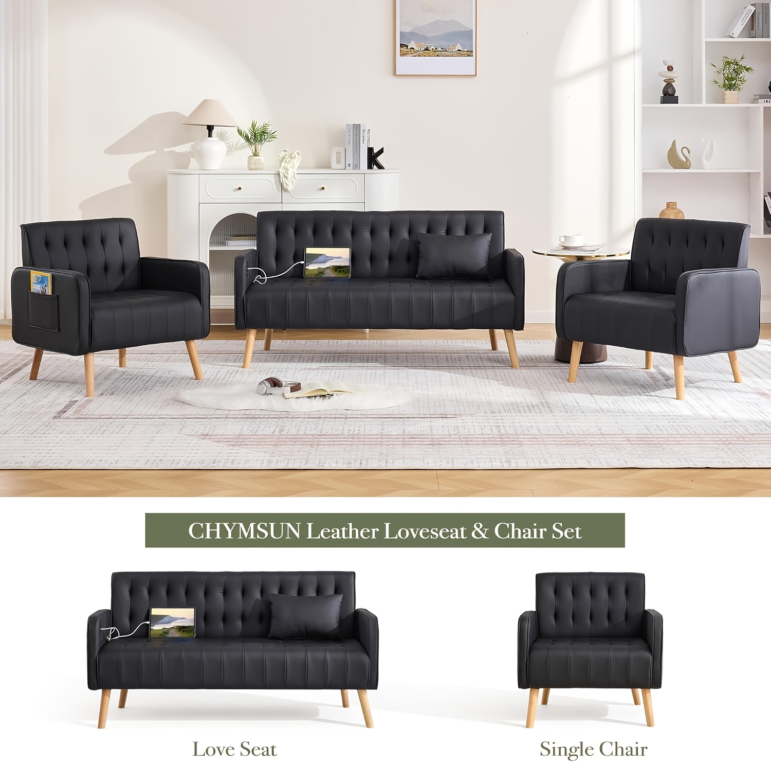 Armchair, Faux Leather Decorative Chair, Mid-Century Modern Tufted Lounge Chair with Wooden Legs And Pockets, Comfortable Kids' Chair, Reading Chair for Living Room, Waiting Room, Bedroom, Room, Cozy Reception Armchair