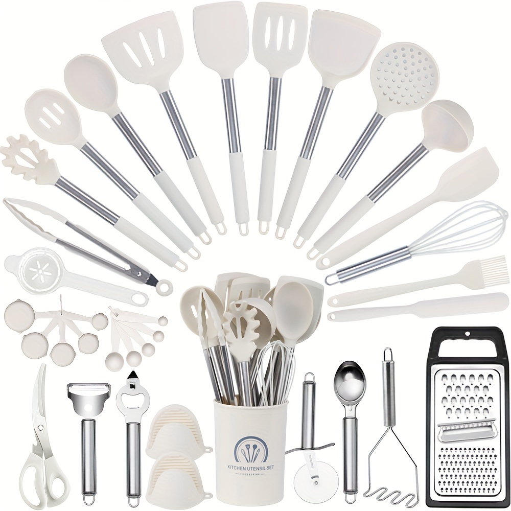 

Kitchen Utensils Set, 35 Pcs Silicone Cooking Utensils Set With Holder, With Stainless Steel Handle Spatula Set, Spoons, Pasta , Cheese Grater, , Scissors, Dishwasher Safe (khaki)