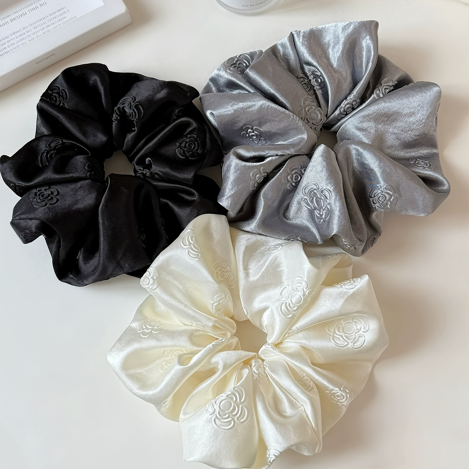 TEMU 3pcs New French Embossed Craft Satin Large Bow Hair Tie Light Luxury High Quality Solid Color Camellia Hair Rope Women's Hair Accessory Ponytail