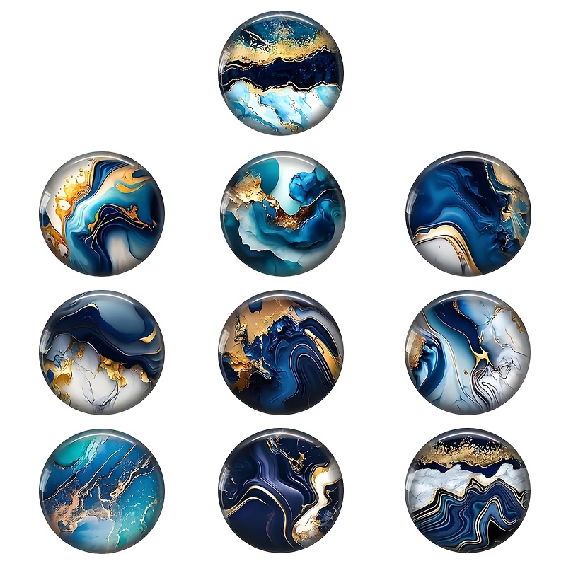 TEMU Blue And Golden Fluid Marble Texture Pattern Round Glass Soft Magnetic Refrigerator Magnets, Dark Picture Fridge Magnets, Pack Of 10