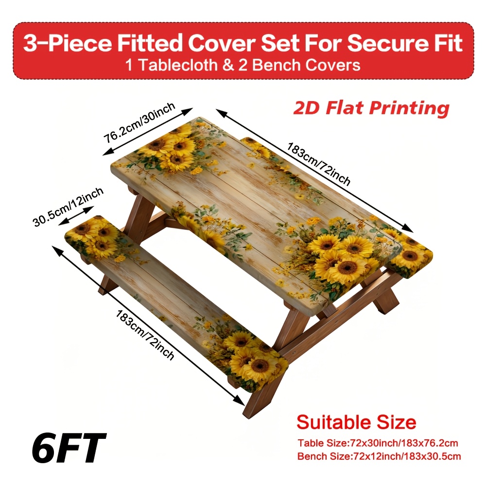 TEMU Of 3 Tablecloths Featuring A 2d Flat Print In A Modern , Showcasing An Autumn Sunflower Arrangement. This Lightweight Picnic Tablecloth, Ideal
