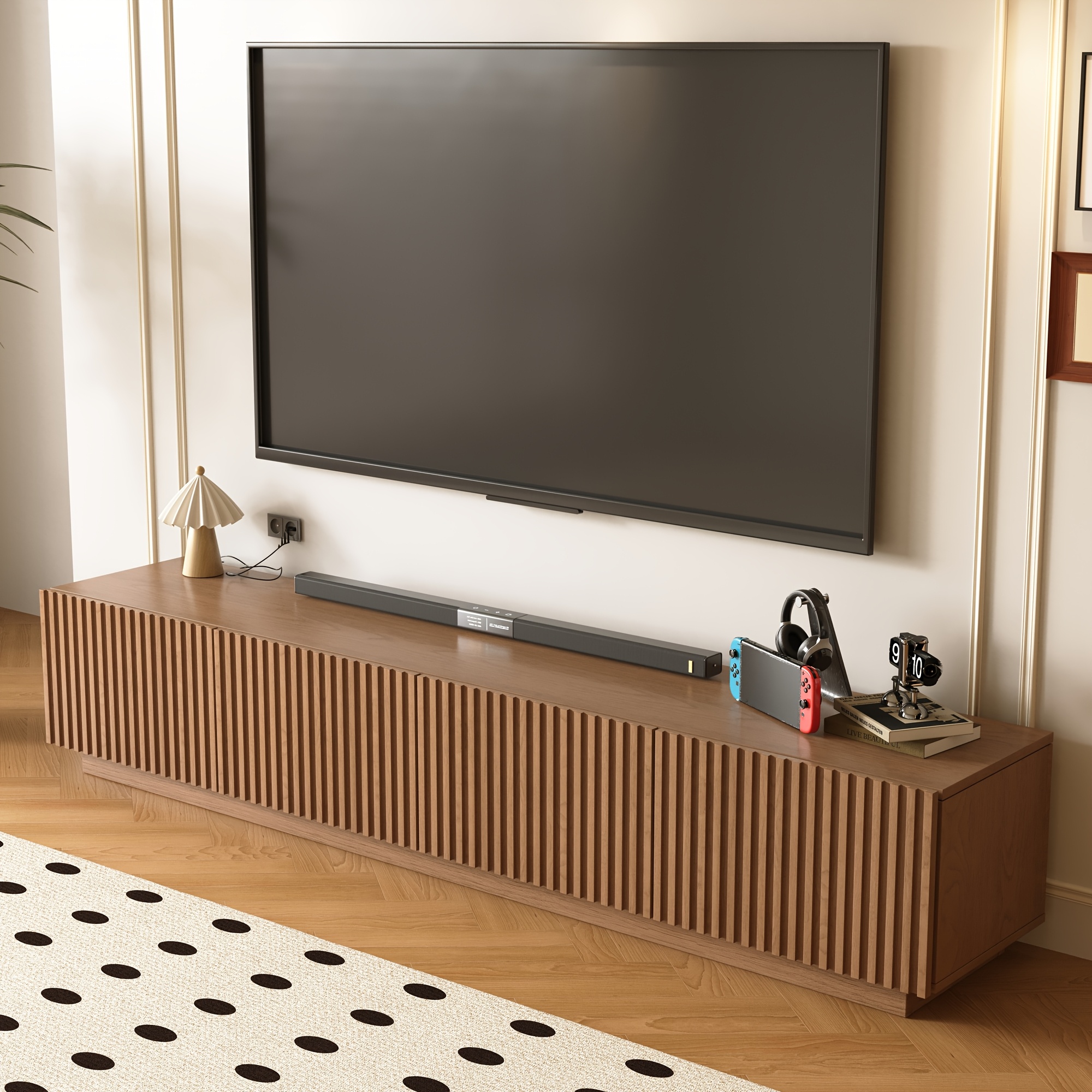 Image of Modern Louvered Cabinet With Removable Shelves And Large Storage Space, Walnut Wood Tv Stand, Tv Wall Cabinet, Suitable For 75 Inch And Above Tvs, Living Room Entertainment Area Furniture (220 Cm)