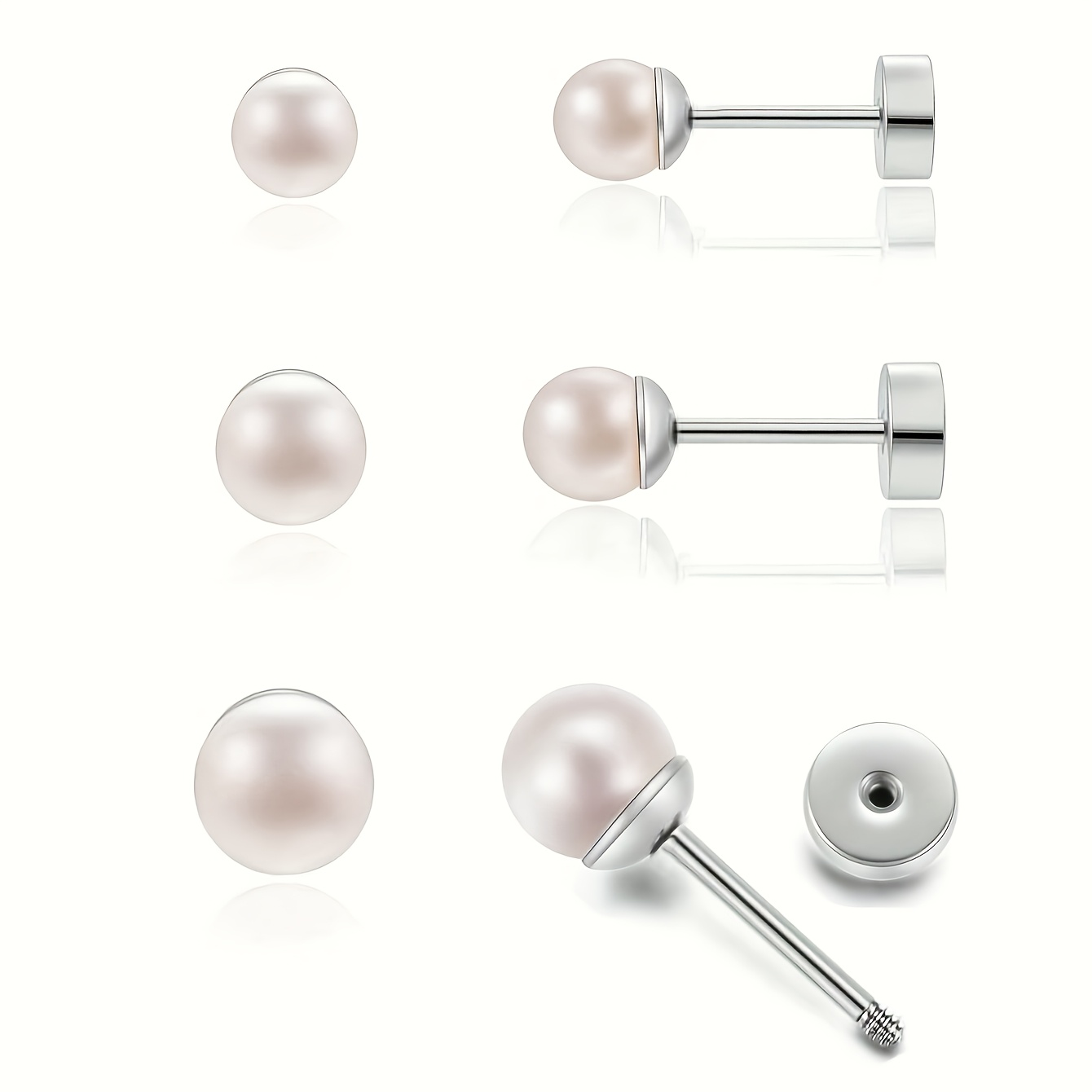 TEMU 6pcs Cute Surgical Stainless Steel Pearl Earrings Set For Women Dainty Cartilage Helix Flat Back Screw Earrings Gifts Jewelry