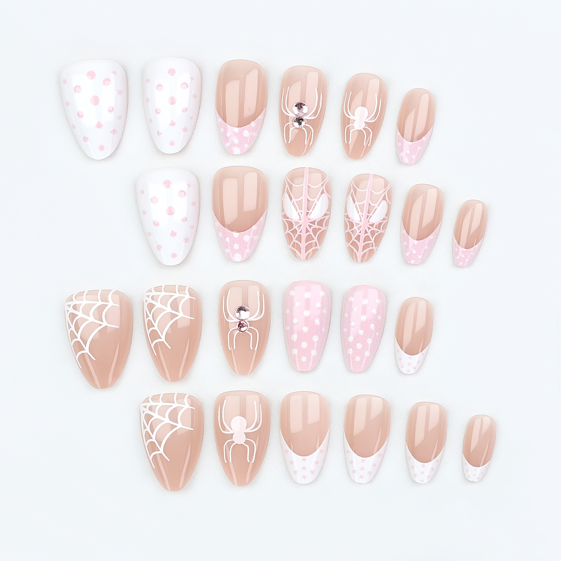 TEMU 24pcs Danartlux Short Almond Press On Nails Suitable For Women - Pink White French Tip Rhinestone & Web Design, Reusable Fake Nails With Glossy,