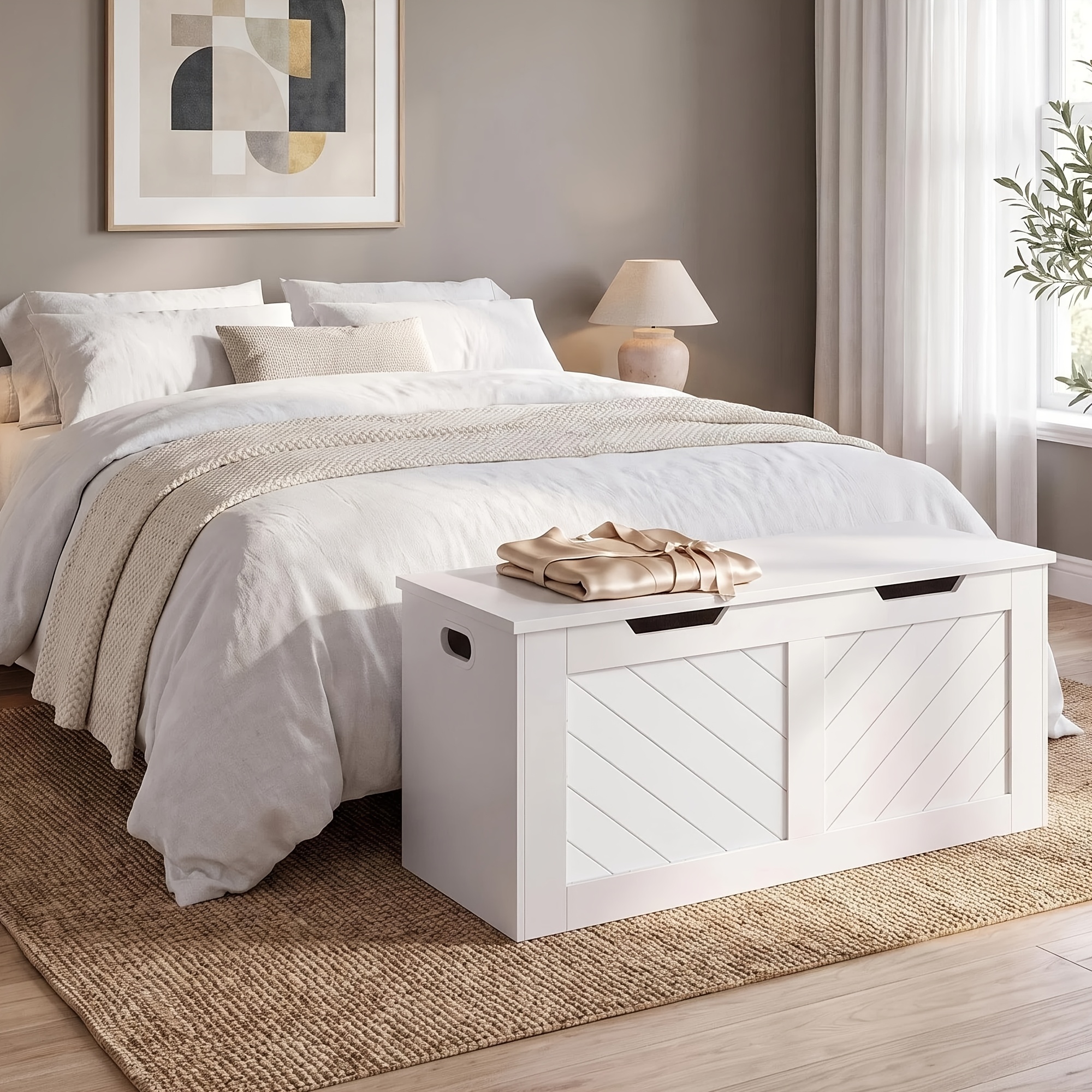 Image of 108.3 X 49.3 X 40.3 Cm White Storage Bed Bench, Equipped With 2 Sturdy Hinges, Suitable For Use As A Storage Unit In , Bedrooms, And Living Rooms, Trunks