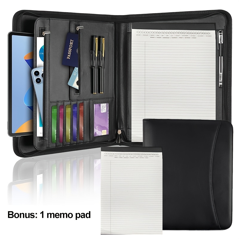 Image of A4 Artificial Leather Padfolio, Multi-functional Business Folder With Zipper, Writing Pad, Pen Holder And Business Card Holder, Ideal For And Managers, Office Supplies, Christmas, Father's Day