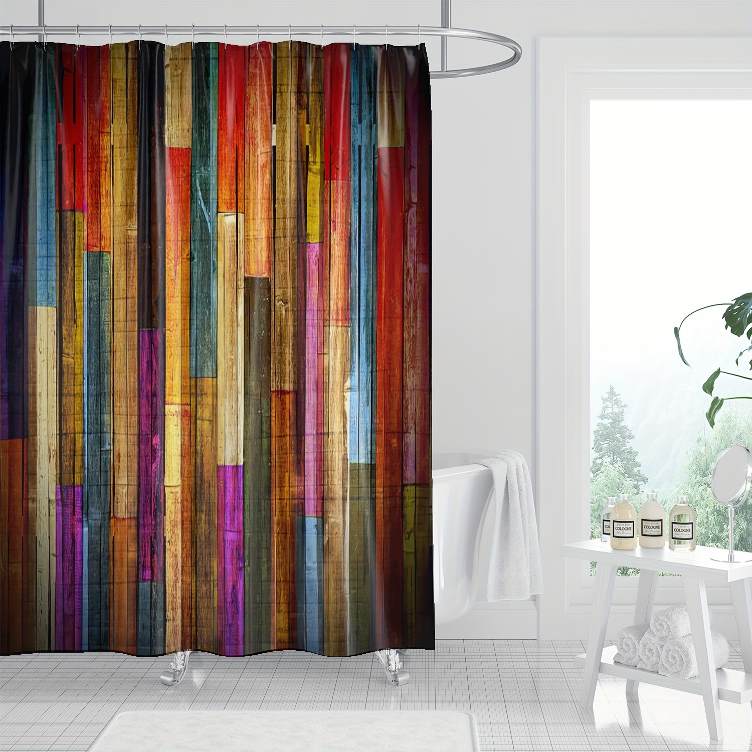 

1pc Colorful Wooden Plank Pattern Shower Curtain, Waterproof Decorative Bath Curtain, Bathroom Partition Curtain With Hooks, Home Bathroom Decor