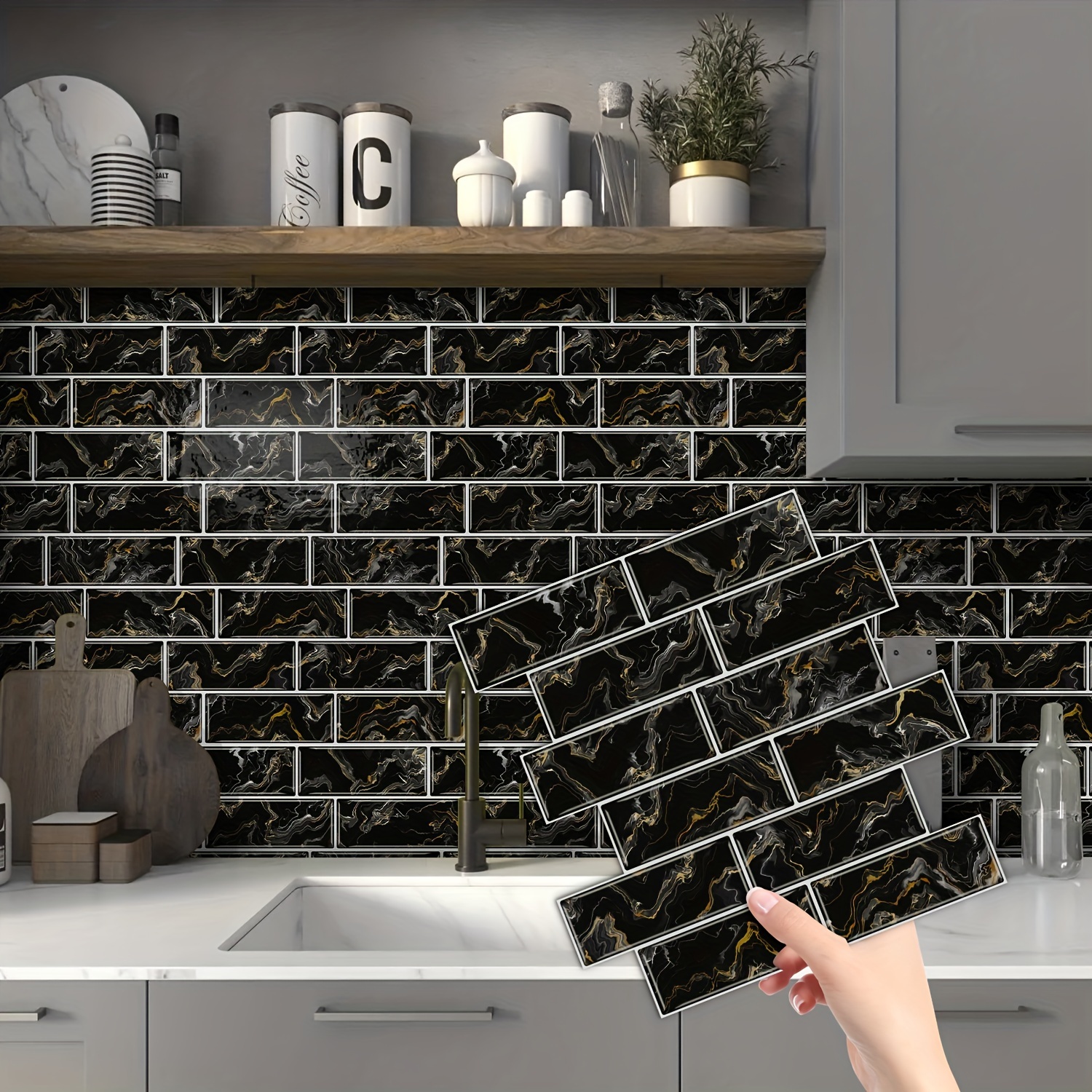 1 12pcs per set peel and stick black golden quicksand brick pattern mosaic marble tile stickers 12 inch x 12 inch 3d self   wall tile stickers waterproof and moisture proof pvc stickers for kitchen and bathroom kitchen backsplash tile and tile home decoration very suitable for diy kitchen bathroom laundry room rv and fireplace decoration details 0