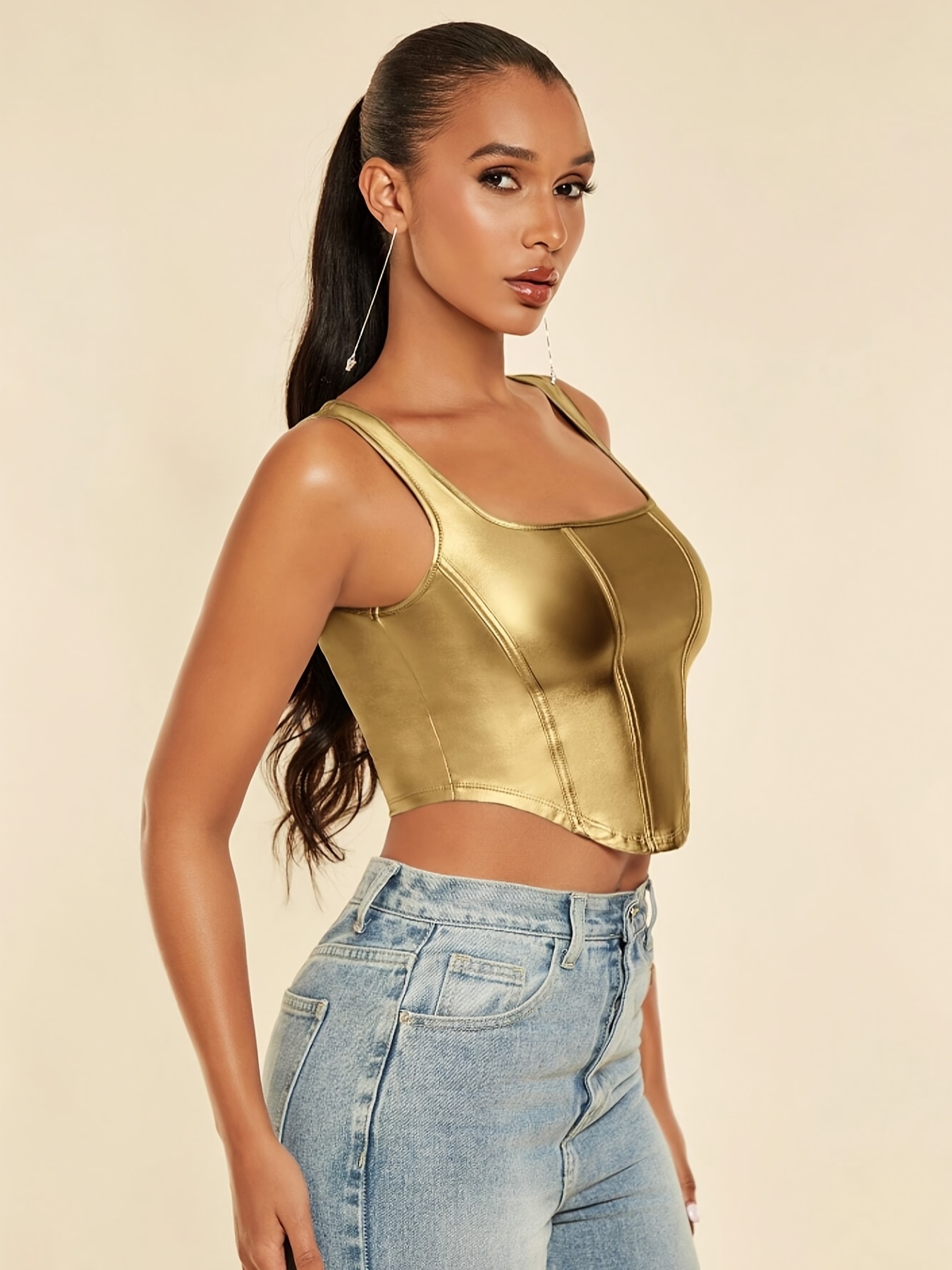 Top Corto Elegante de Cuello Cuadrado Dorado para Mujer Sin Lavable en  Máquina para Ideal para Atuendos Casuales