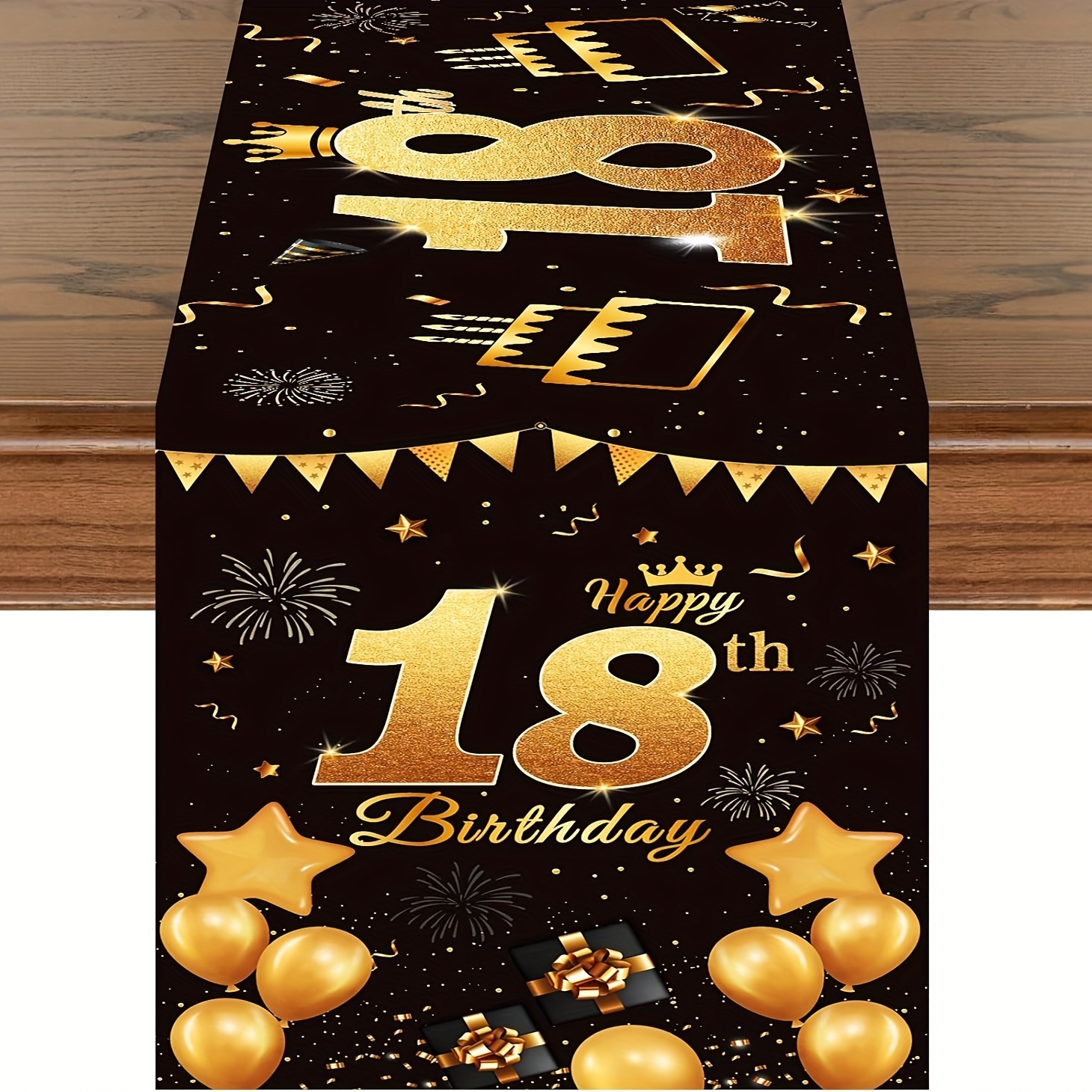 

1pc Table Cloth, Polyester Table Runner, Happy 18th Birthday Black And Golden Design Table Cloth, Non-slip Fade Resistant Table Runner, For 18th Birthday Party Decor, Table Decor, Home Supplies