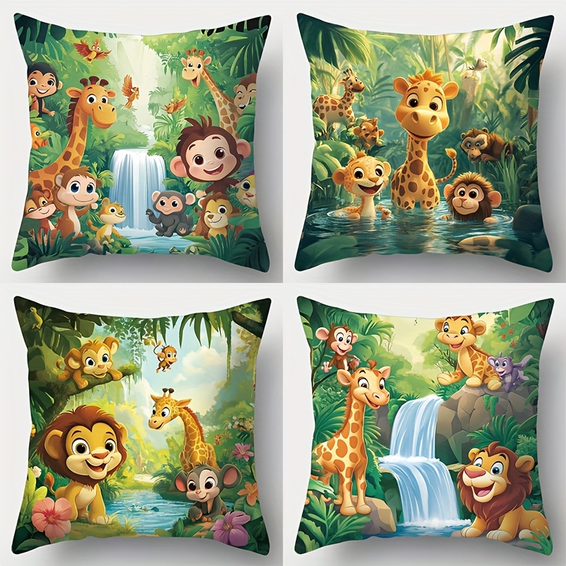 E-shop 4-teiliges Set, bedruckte Kissenbezüge. , inklusive Affen, Löwen, , Vögel, Wasserfälle andere Landschaften, Pflanzen Bäume. Geeignet für