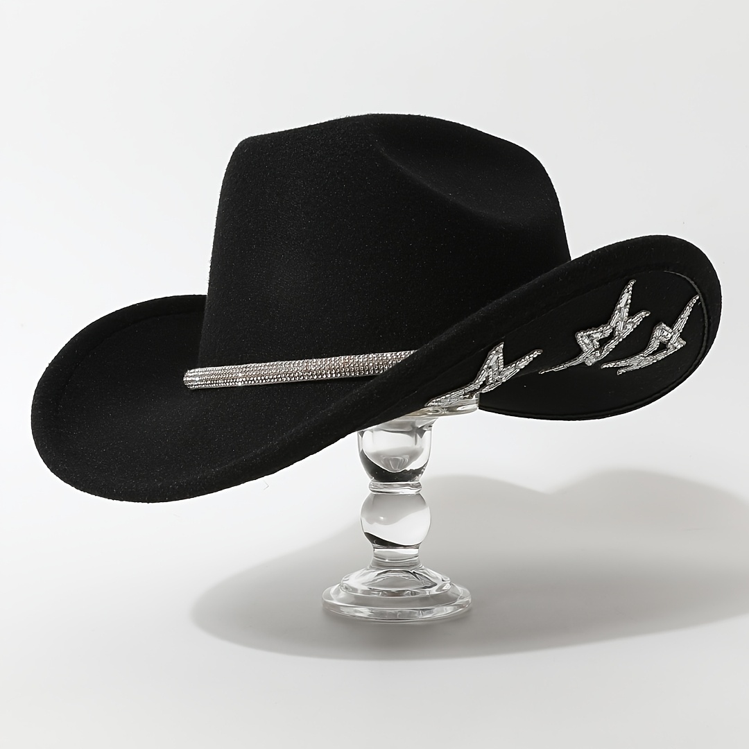TEMU Hat Men's Hat, Fashionable Solid -word Top Brim Felt Hat, With Of Sparkling Diamond Thin Waistband Contrasting Color, With Side Star Decoration,