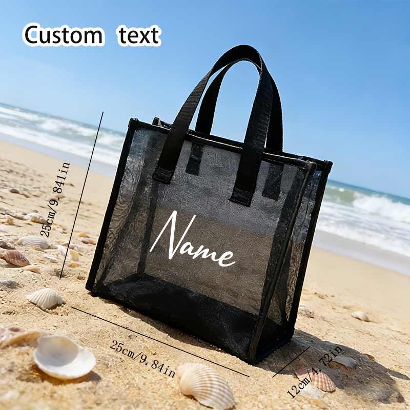 TEMU Personalized Custom Black Mesh Handbag – Lightweight Breathable Travel Beach Storage Bag, Mesh Bag , Double , Fashionable Hollow-out Style,