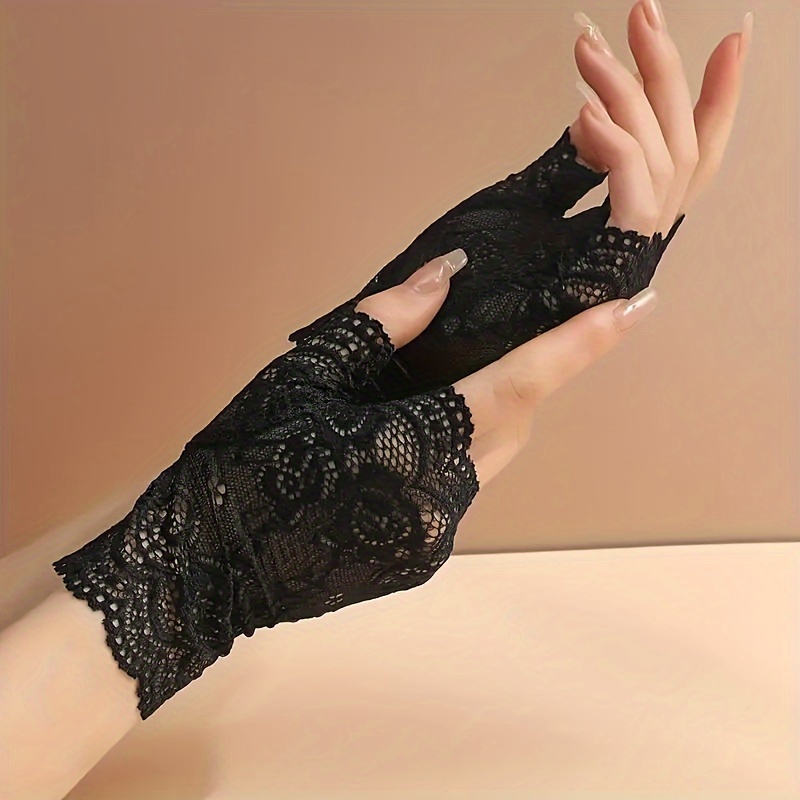 elegant black lace fingerless gloves women floral pattern Temu