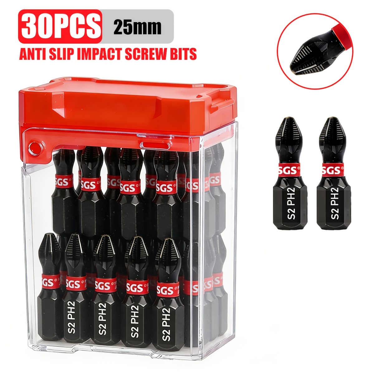 TEMU 30pcs Ph2 25mm S2 Steel Impact-resistant, Anti-slip, Rust-proof, Industrial-grade Magnetic Bits, Portable, 61hrc, Durable And Anti-stripping,