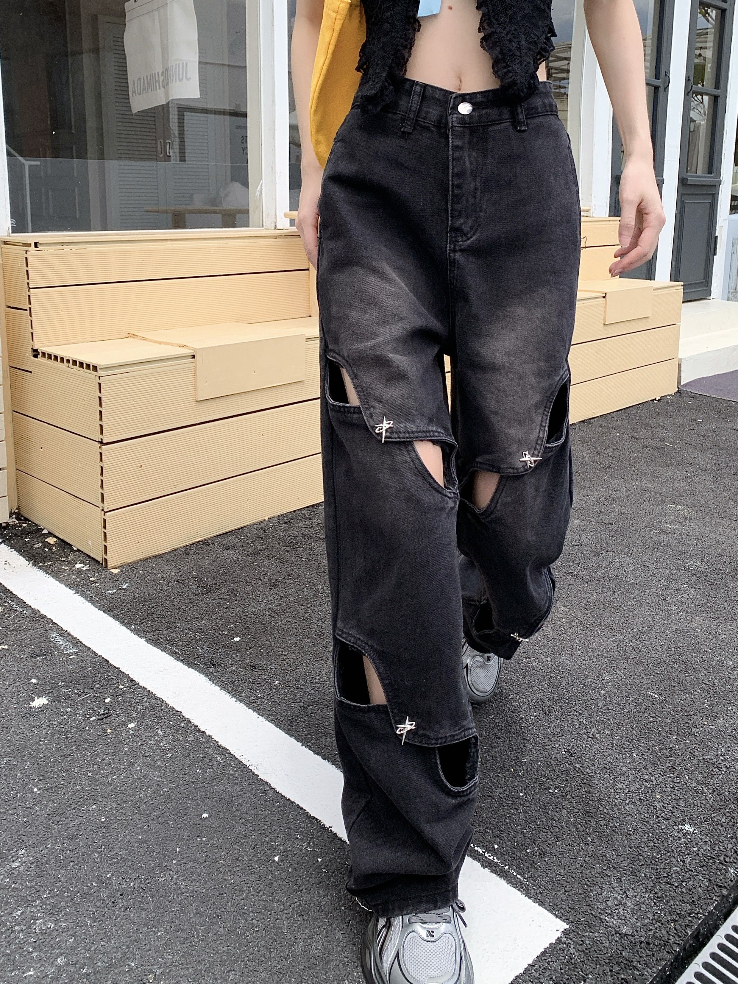 womens high waisted straight leg jeans distressed cut design