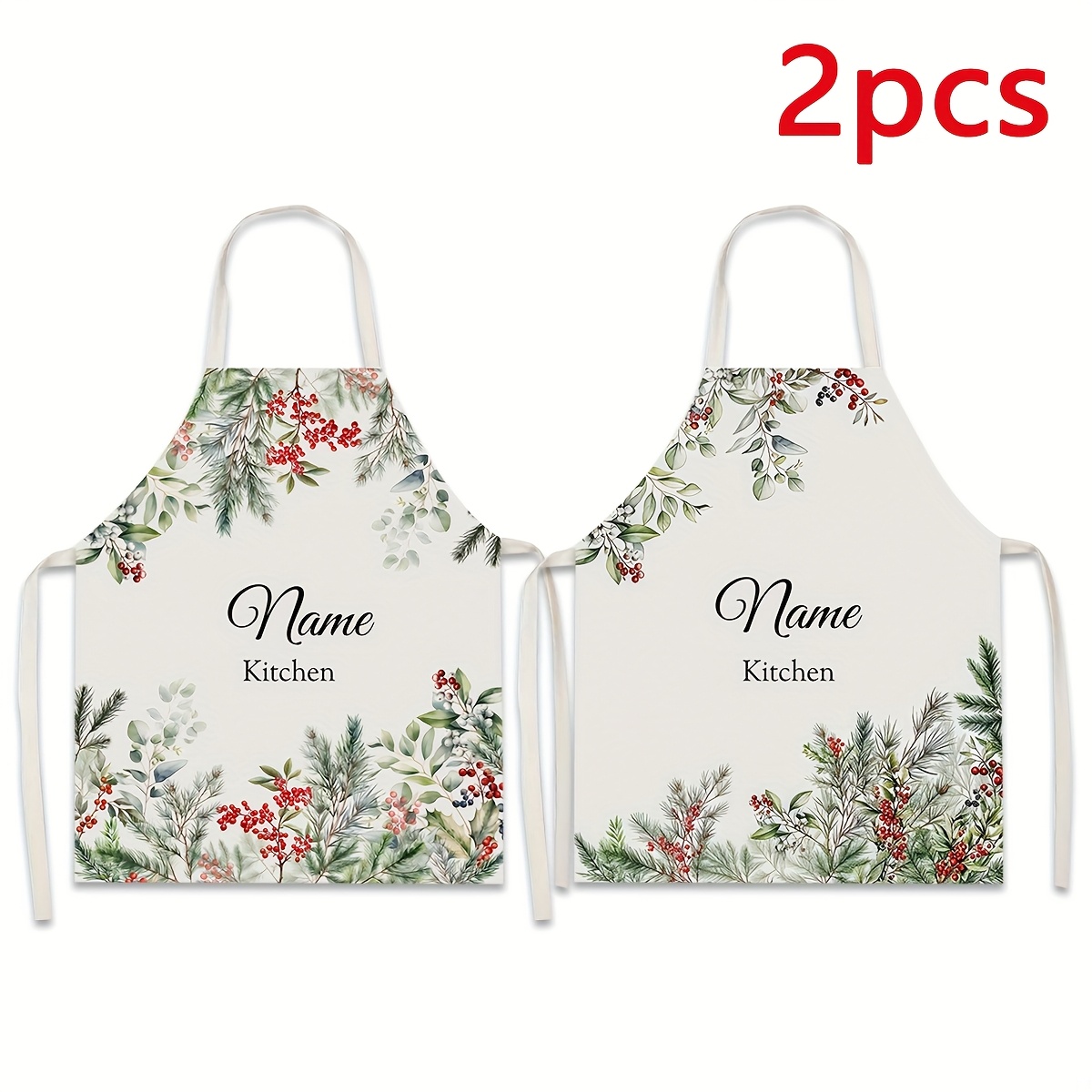 TEMU 2pcs Christmas Customizable Name Natural Botanical Print Kitchen Apron Set, Polyester Material, Painting Craft Cooking Baking Gardening Apron,