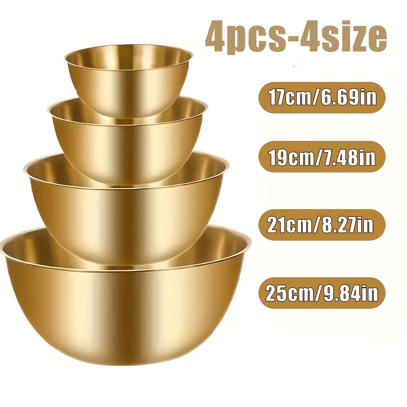 E-shop 4er-Set Edelstahl Goldschüssel, Salatschüssel mit Skala, 4 Größen Geeignet zum Teig! Kneten, Waschen von Gemüse, Obstschale, Servierzubehör für