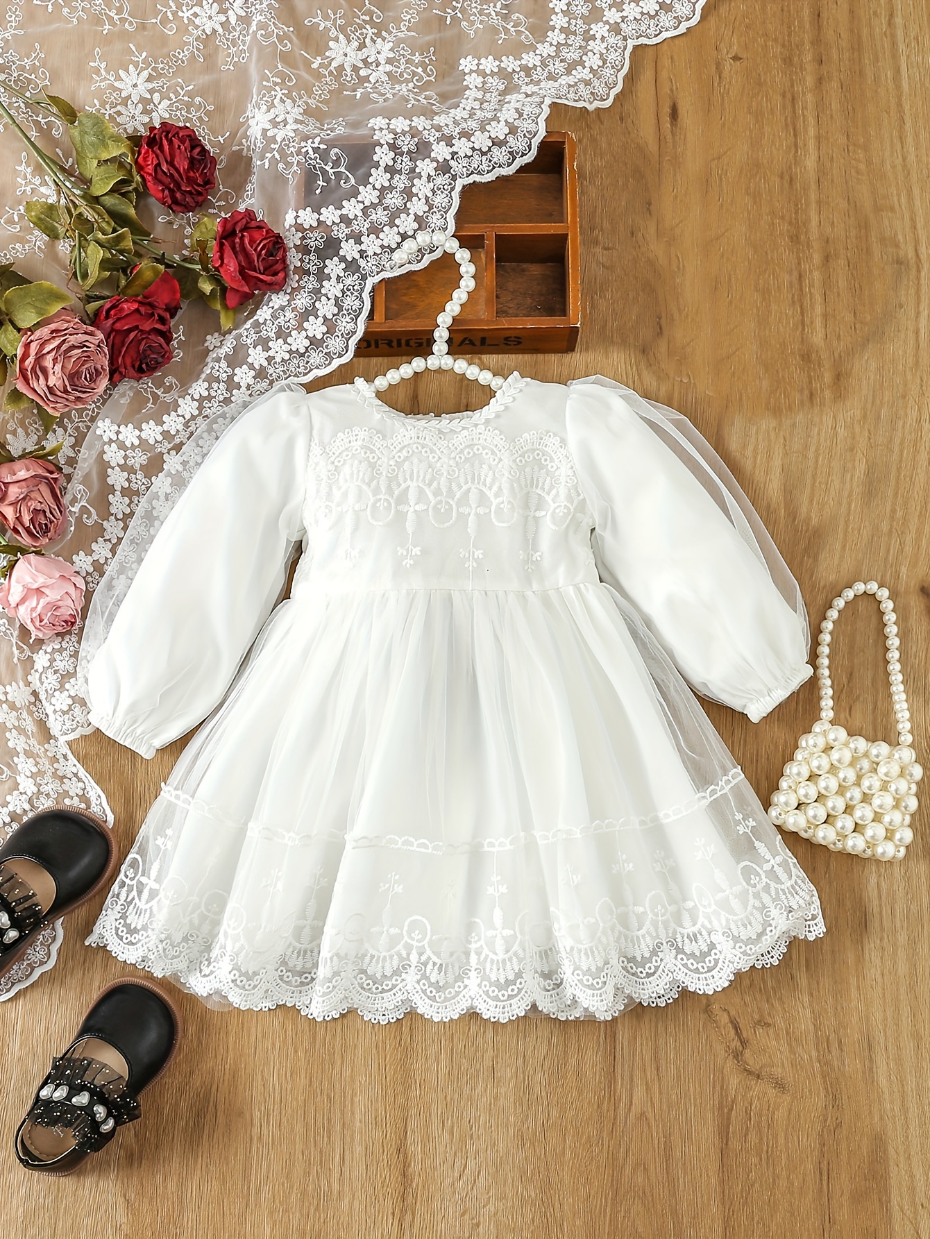 vestido princesa niña sobrevestido encaje bordado floral Temu
