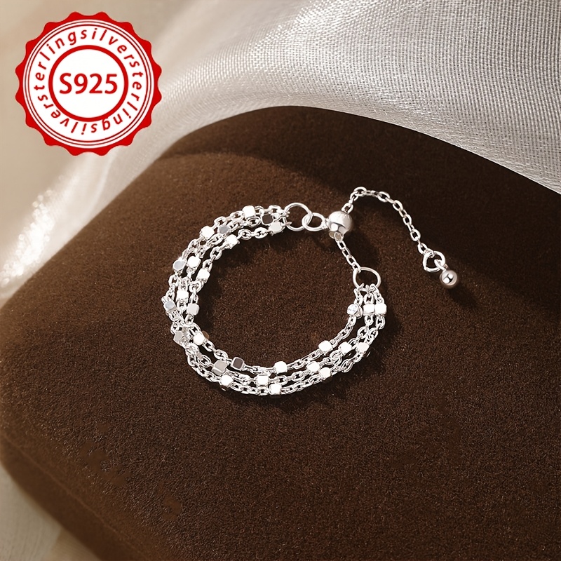 S925 Silver Multi-Layer Beaded Thin Bracelet, Adjustable