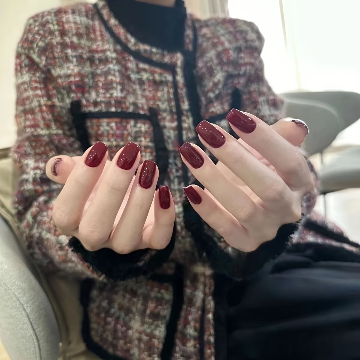 glossy wine red press on nails short square fake nails minimalist style temperament false nails solid color fake nails for women girls daily wear details 2