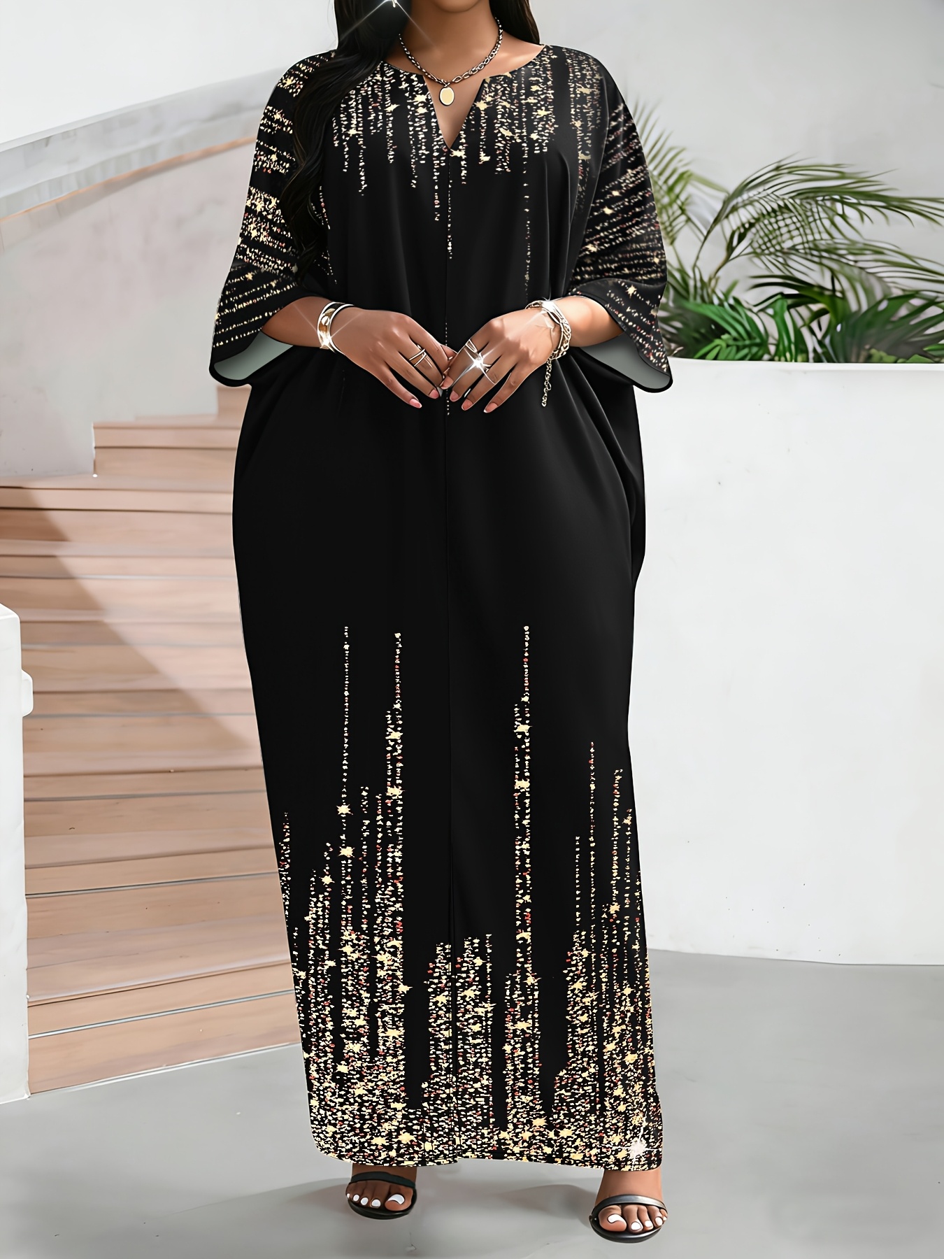 Floral Design Women'S V-Neck 3/4 Sleeve Floral Print Loose Casual Midi Dress Elegant Maxi Dress Non-Sequin Decoration